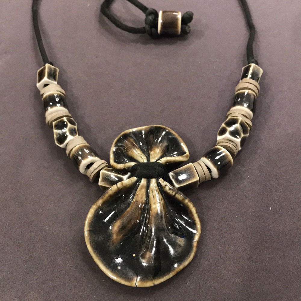 Artisan-Signed MAYHEW Handcrafted Pottery Pendant and Bead Necklace